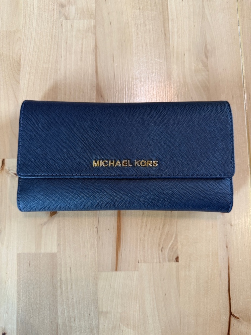 Michael Kors Navy Saffiano Clutch Wallet with Gold Logo